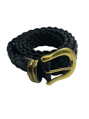 🐵 Braided Black Leather Belt with Brass Buckle